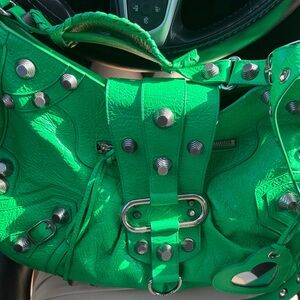 Balenciaga Neon Green Studded Hobo Bag